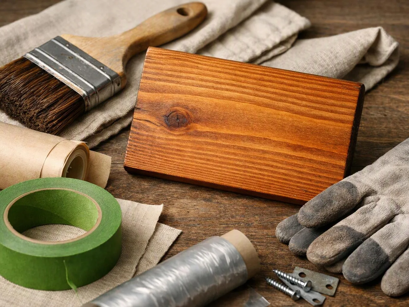 Painting supplies and work gloves surround a stained wooden board on a rustic tabletop