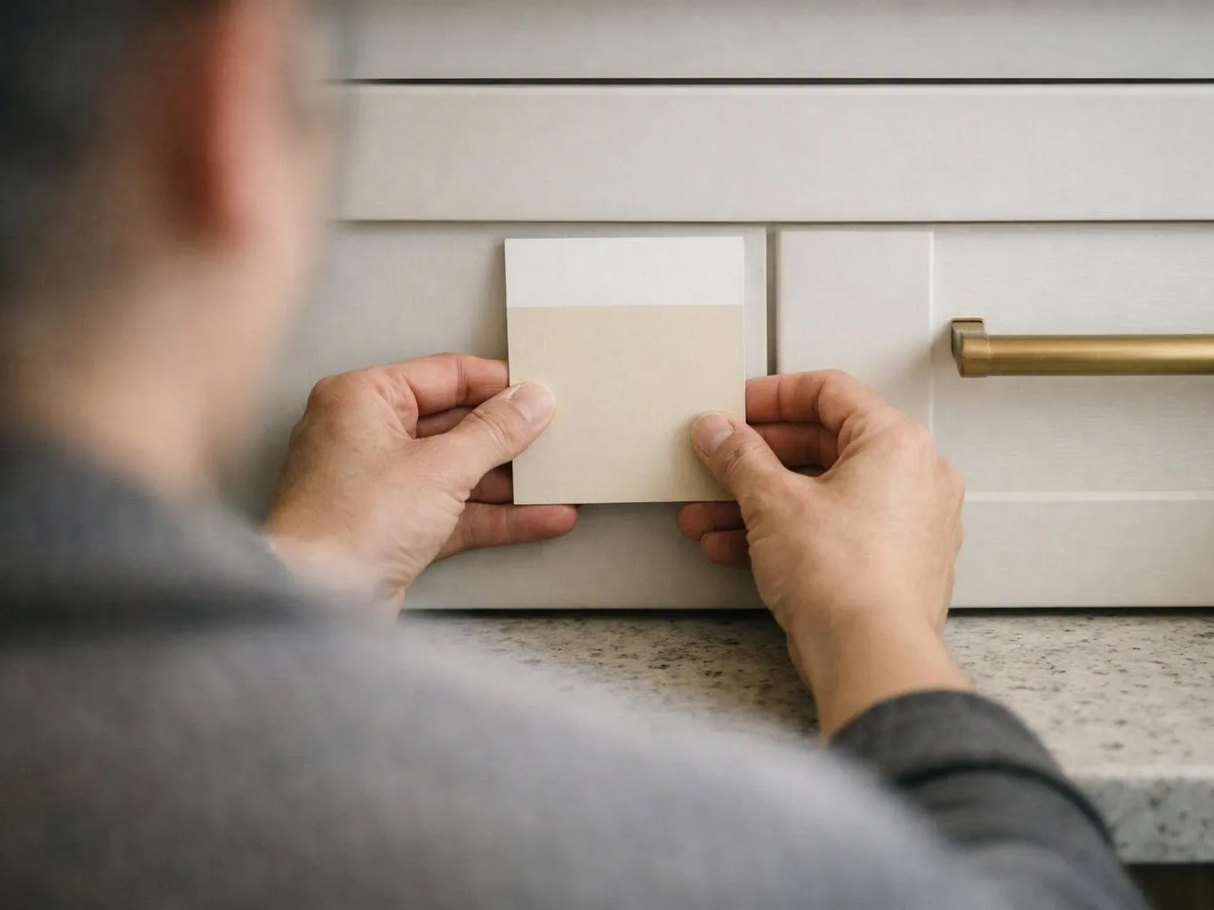 A person holds a beige paint sample against a white cabinet beside a brass handle