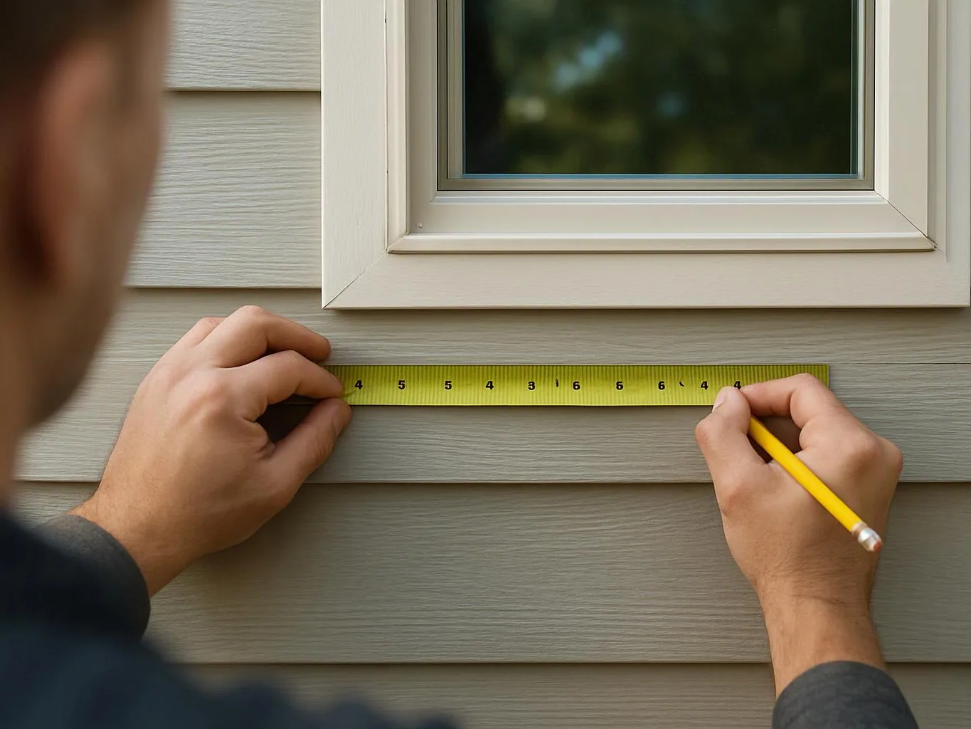 A person measures a window frame with a yellow tape measure and pencil on siding