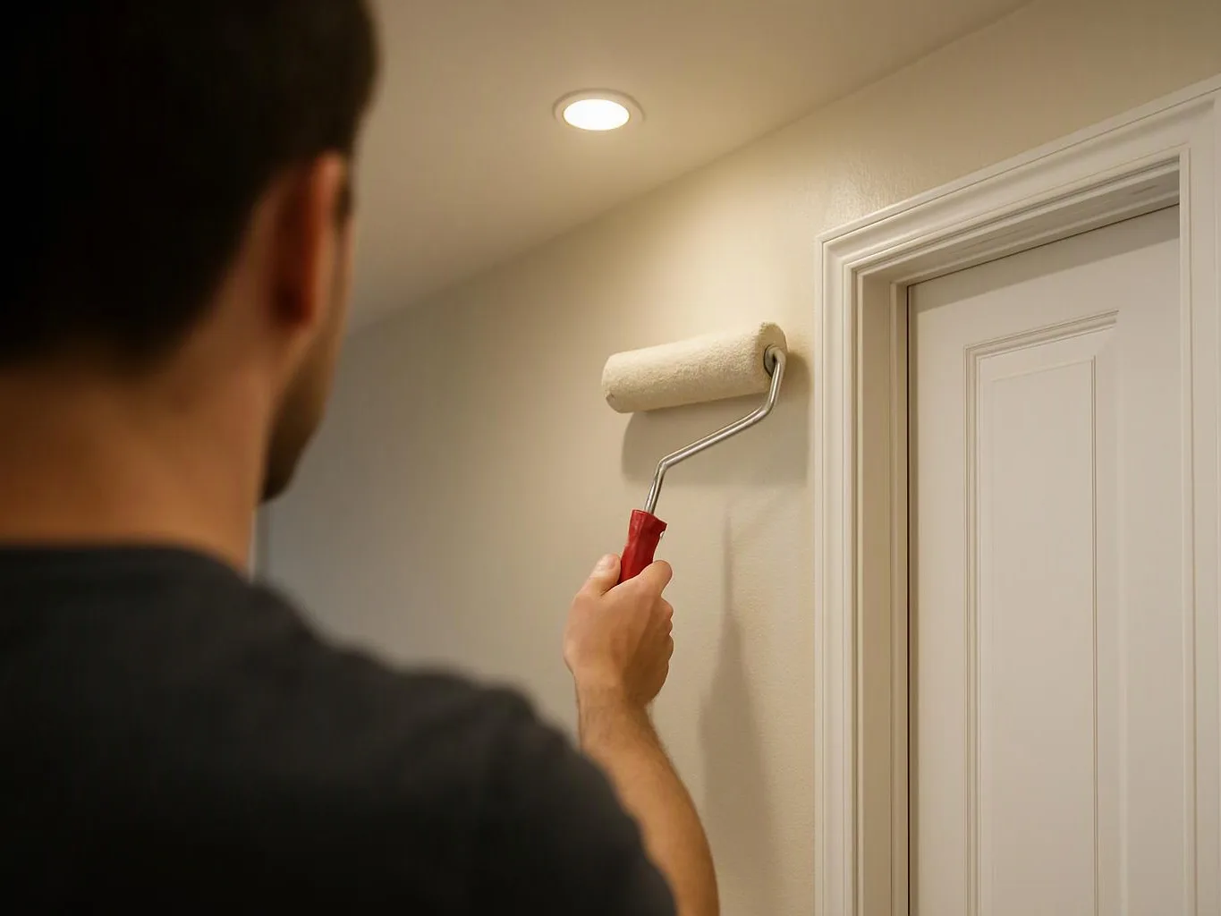 A person paints a beige wall with a roller beside a white door in a hallway
