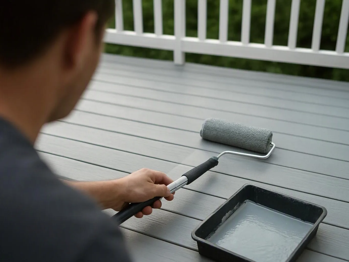 A person paints a gray wooden deck with a roller beside a tray of paint