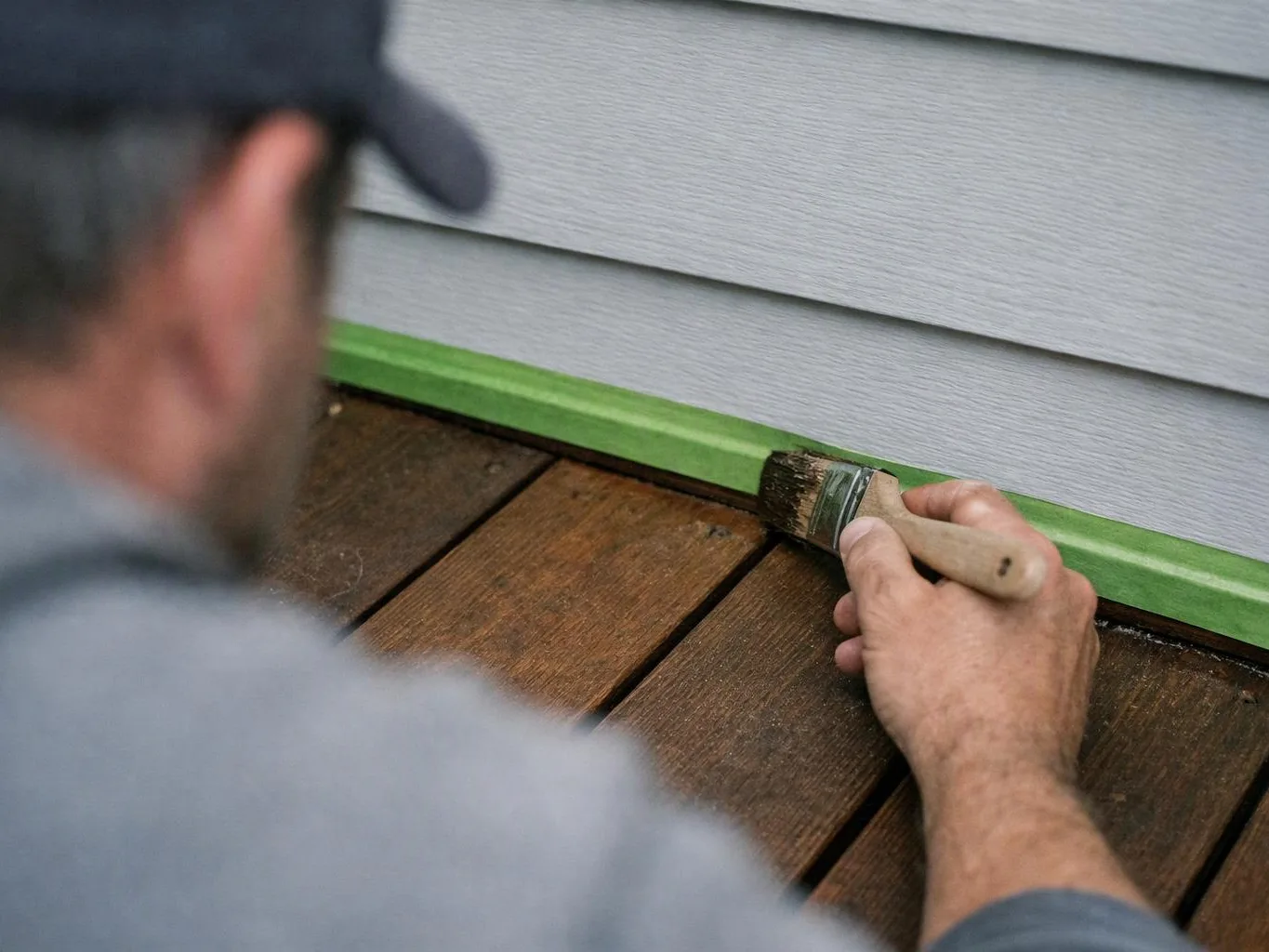 A person paints green trim along the edge of a wooden deck beside gray siding