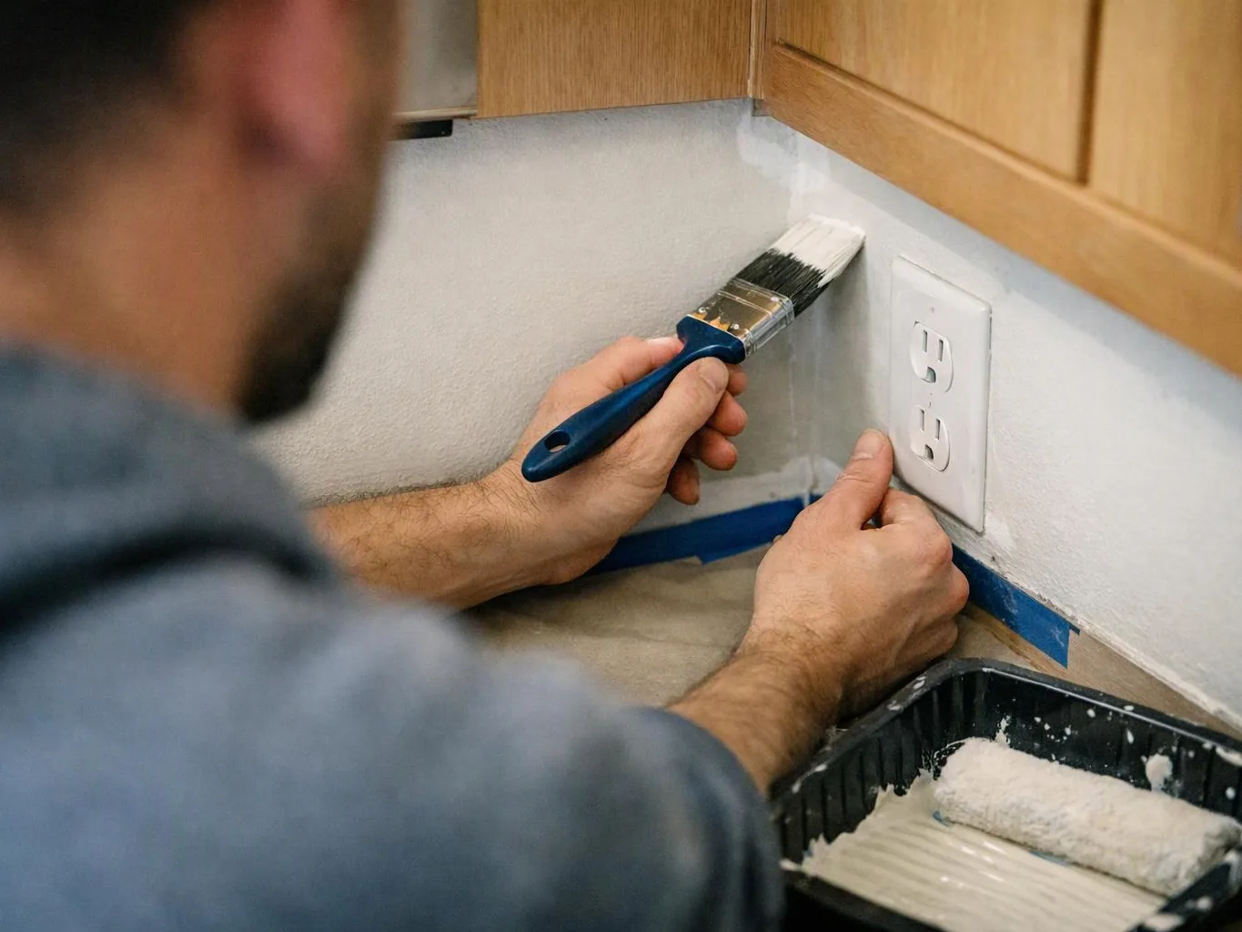 A person paints a kitchen wall corner around an electrical outlet with a brush and roller tray