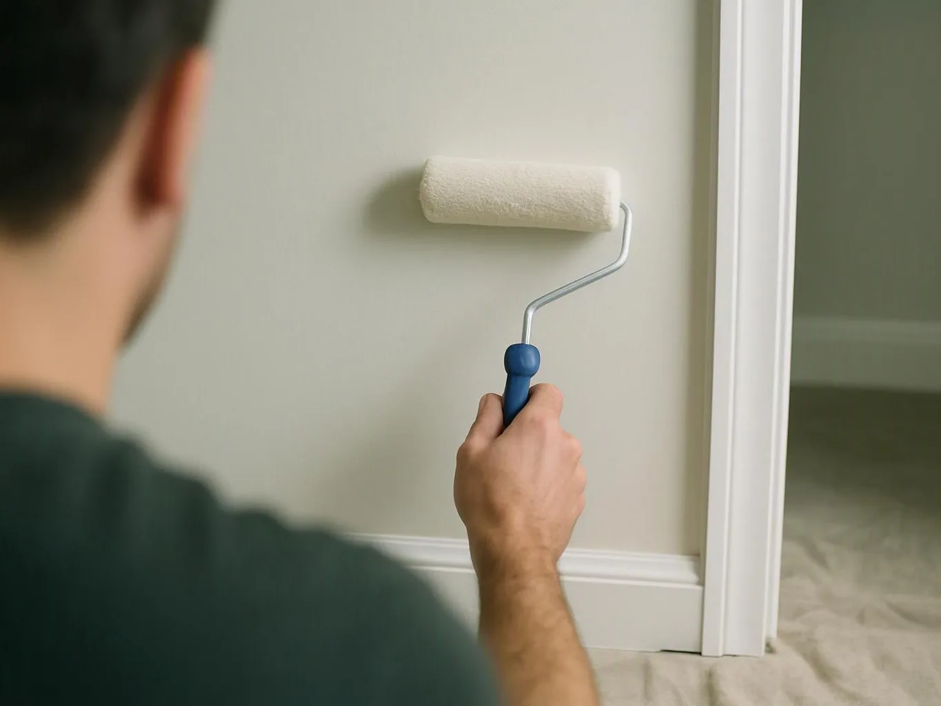 A person paints a light wall with a roller beside a doorway in a room