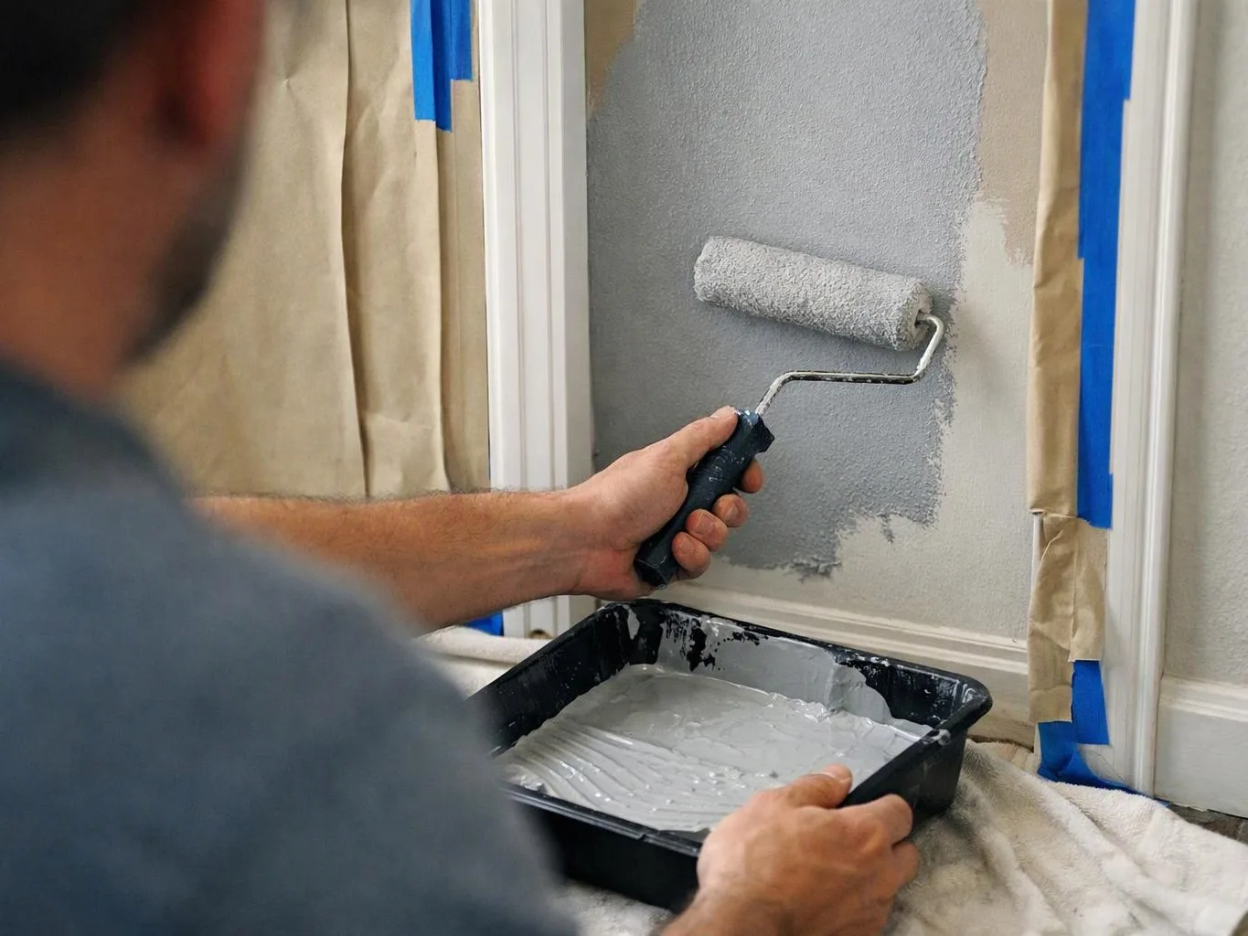 A person paints a taped wall with a roller beside a paint tray indoors