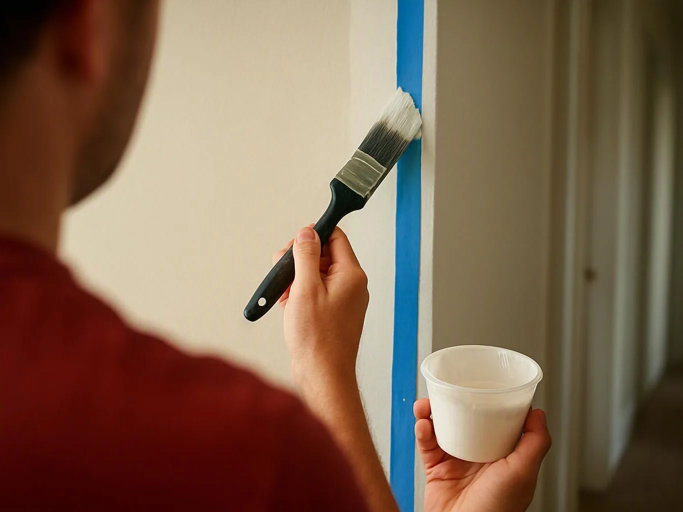A person paints a wall edge with a brush while holding a small white cup indoors