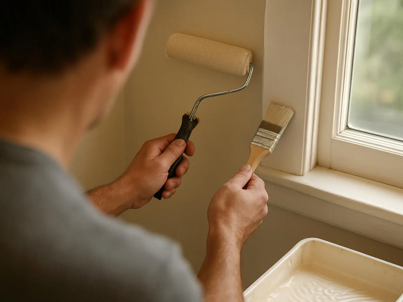 A person paints a wall near a window, holding a roller and brush beside a paint tray