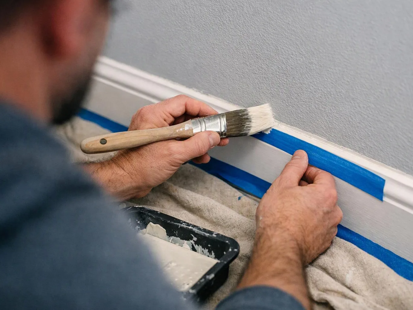 A person paints a white baseboard with a brush while holding blue tape along a gray wall