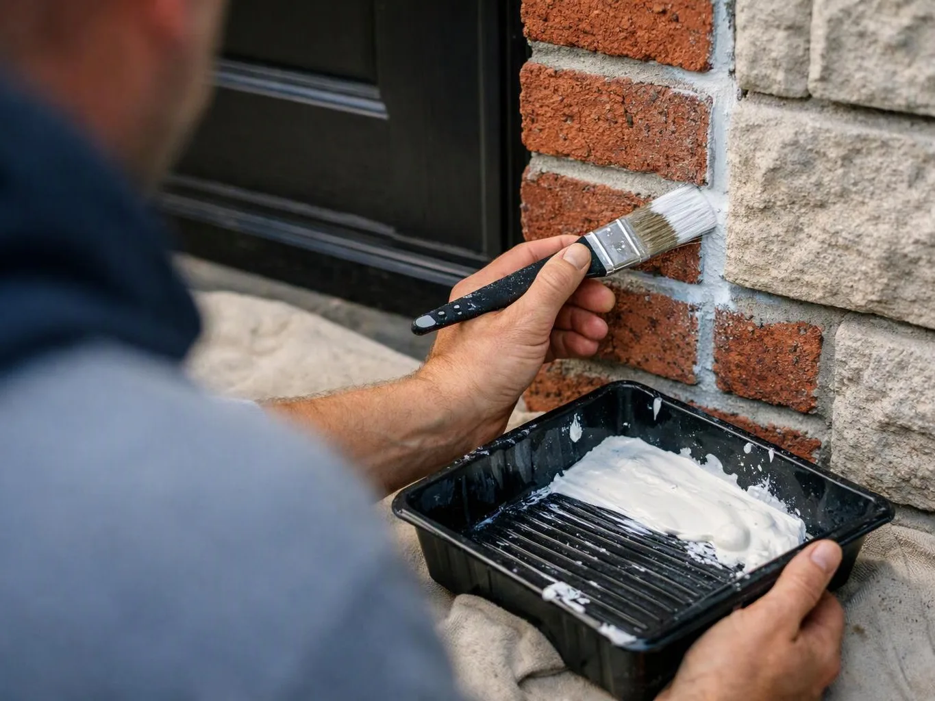A person paints white trim along a red brick wall with a brush and paint tray