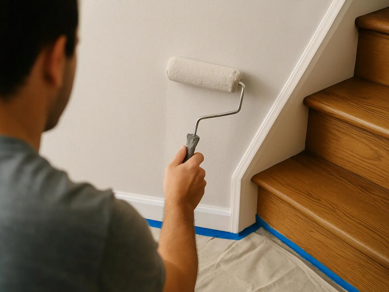 A person paints a white wall beside wooden stairs, with tape and drop cloth protecting the floor