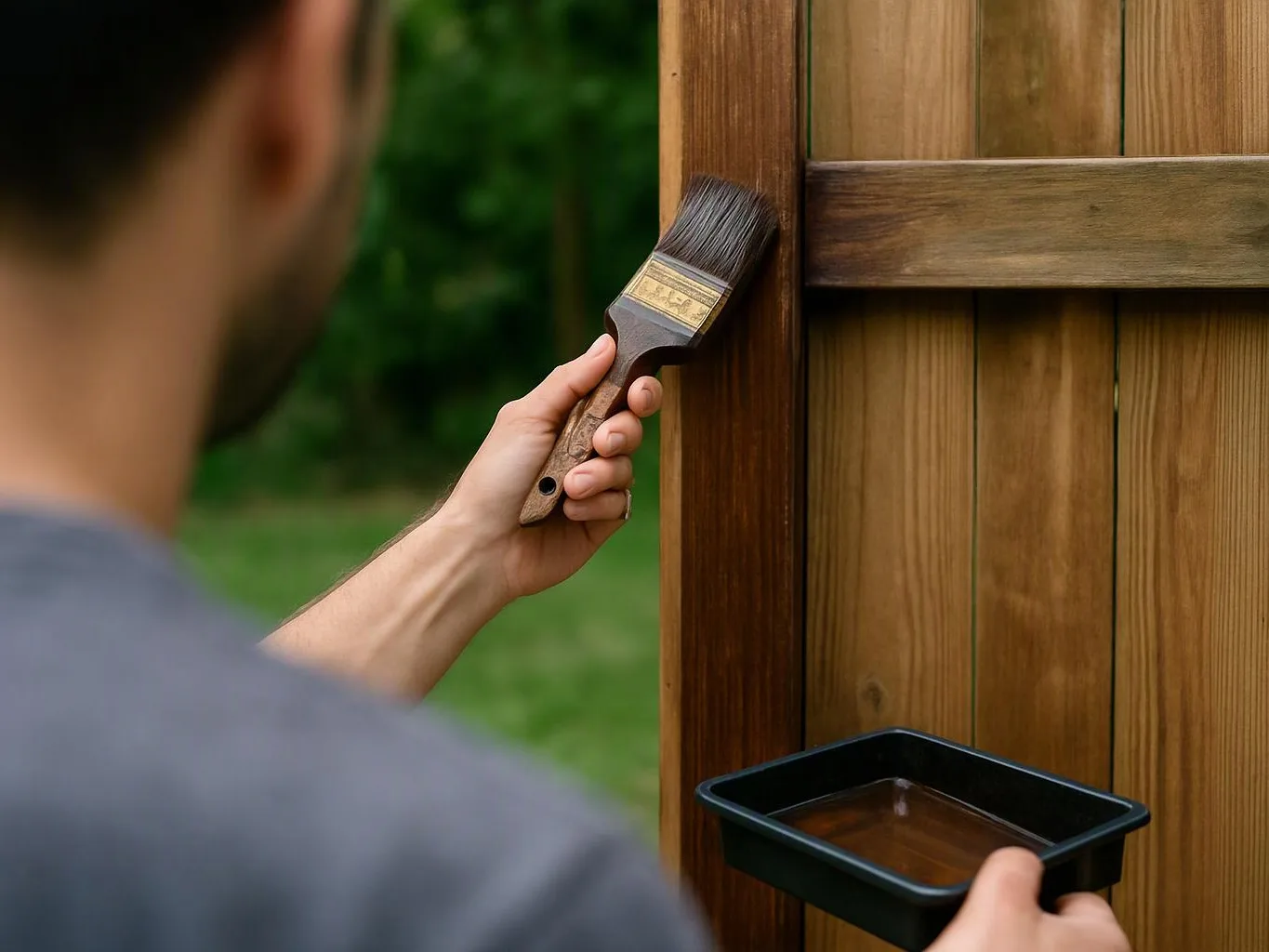 A person paints a wooden fence panel with a brush and holds a paint tray outdoors