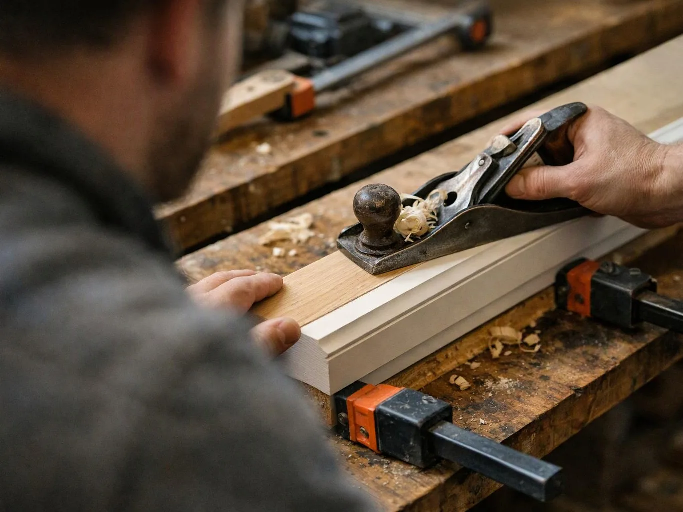 A person planes a wooden board on a workbench with clamps and wood shavings around it