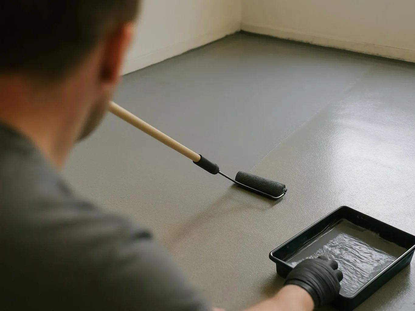 A person rolls gray paint across a floor beside a paint tray in a bare room