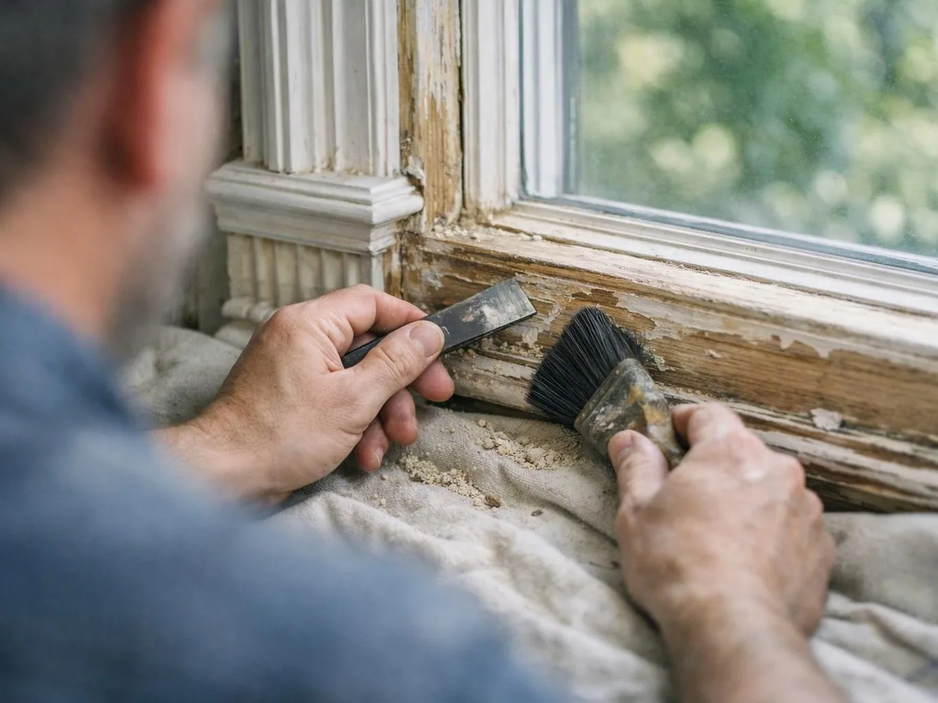 A person scrapes old paint from a worn wooden window frame with a brush and putty knife