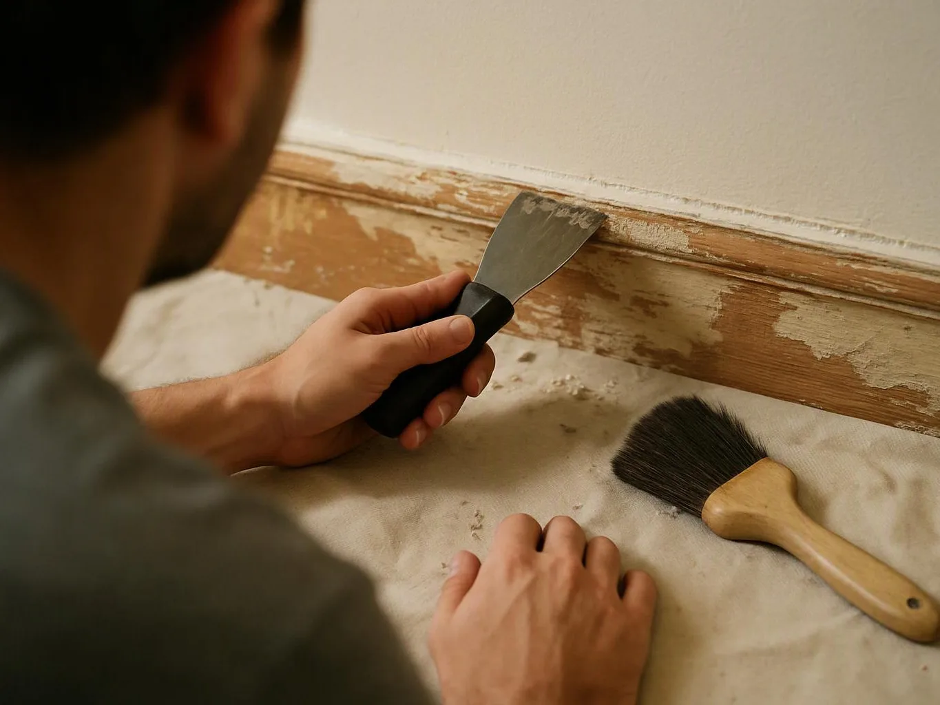 A person scrapes peeling paint from a wooden trim with a putty knife, while a brush rests nearby on a covered floor