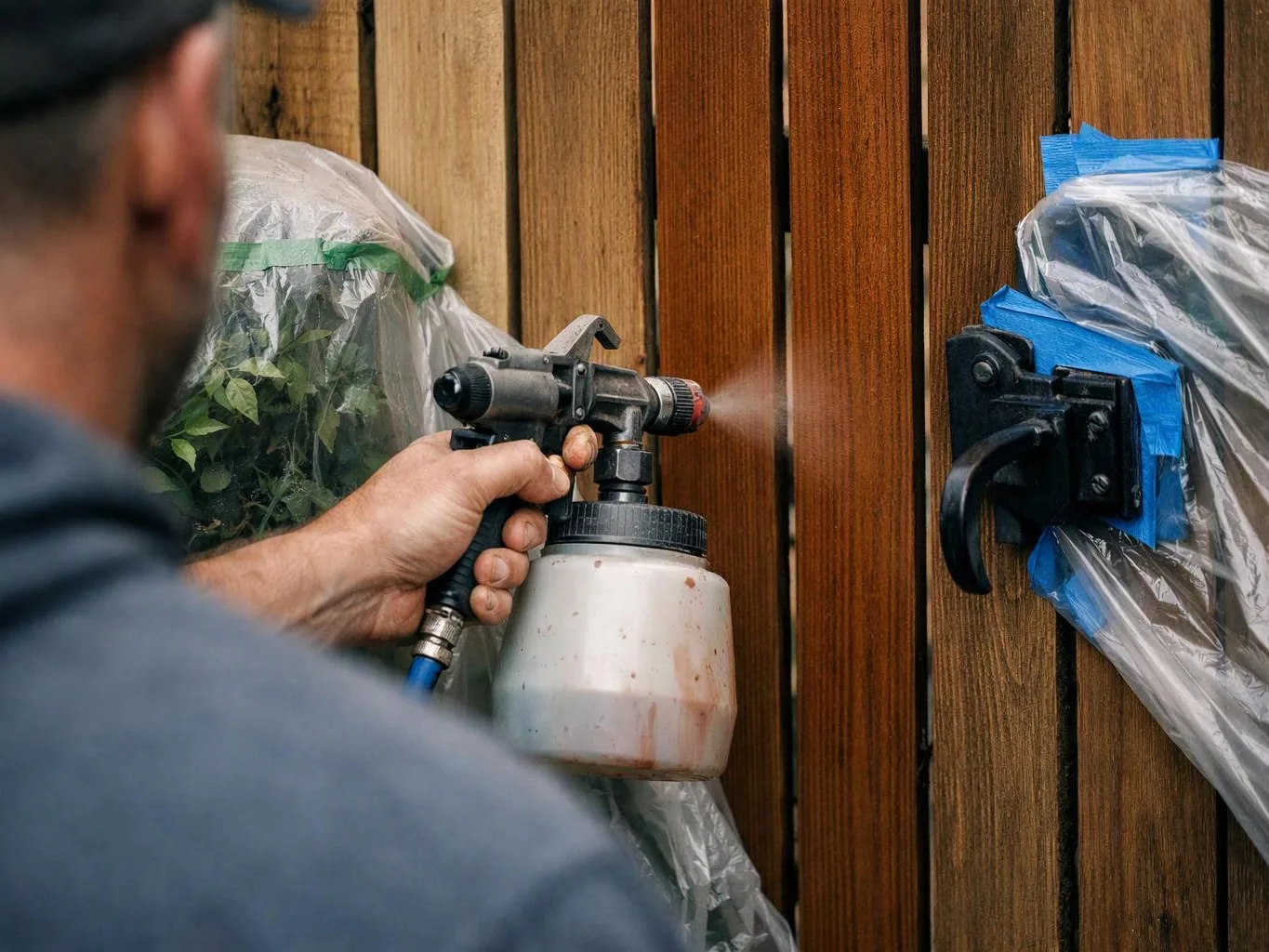A person sprays finish onto a wooden fence while nearby hardware and plants are covered with plastic wrap