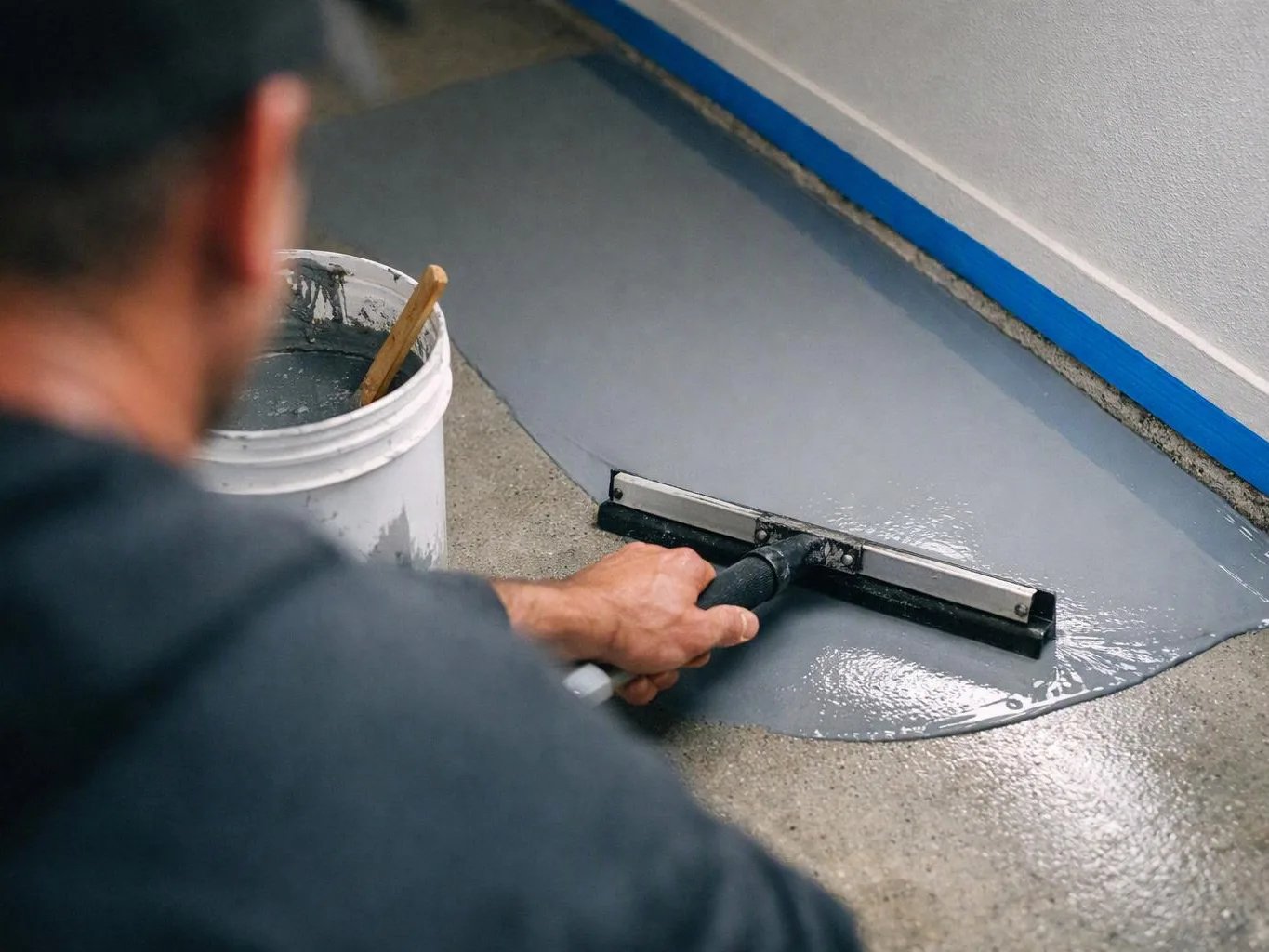 A person spreads gray floor coating with a squeegee beside a white bucket near a wall with blue tape