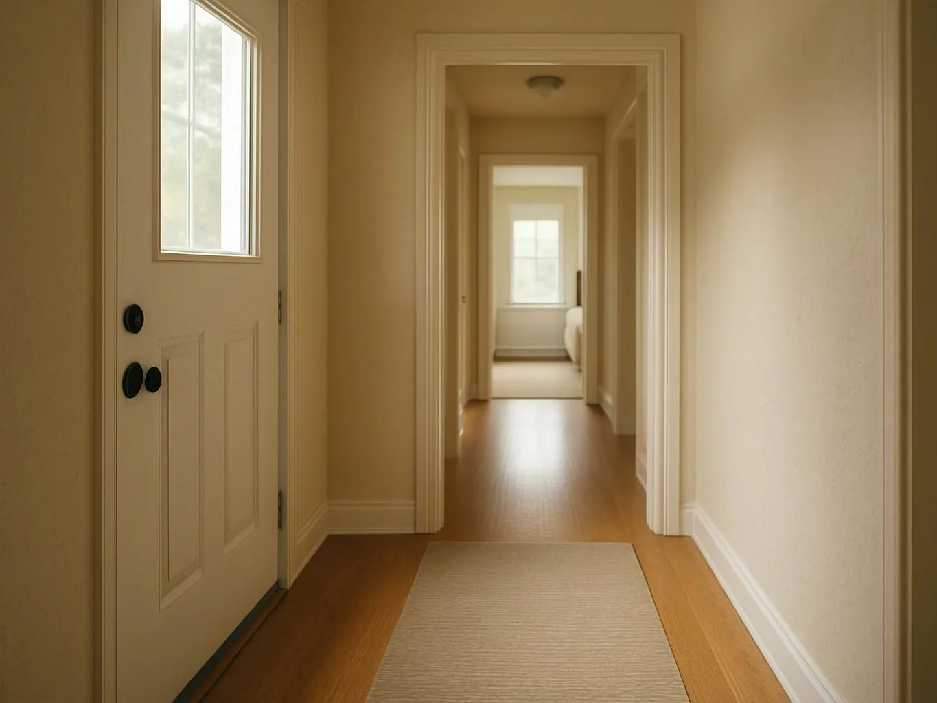 A quiet hallway with a white front door, wood floor, and bright doorway leading to a sunlit room