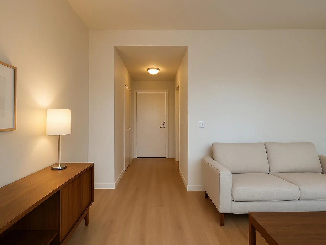 A simple living room shows a beige sofa, wooden table, lit floor lamp, and hallway leading to a closed door