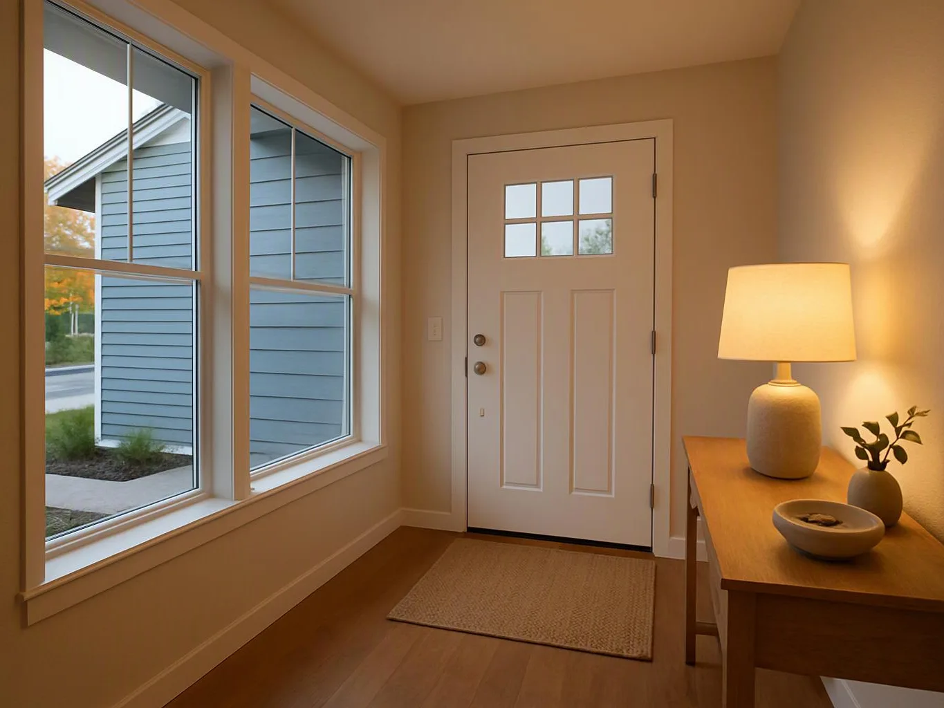 A small entryway with a white front door, large windows, a lit table lamp, and a wooden console table