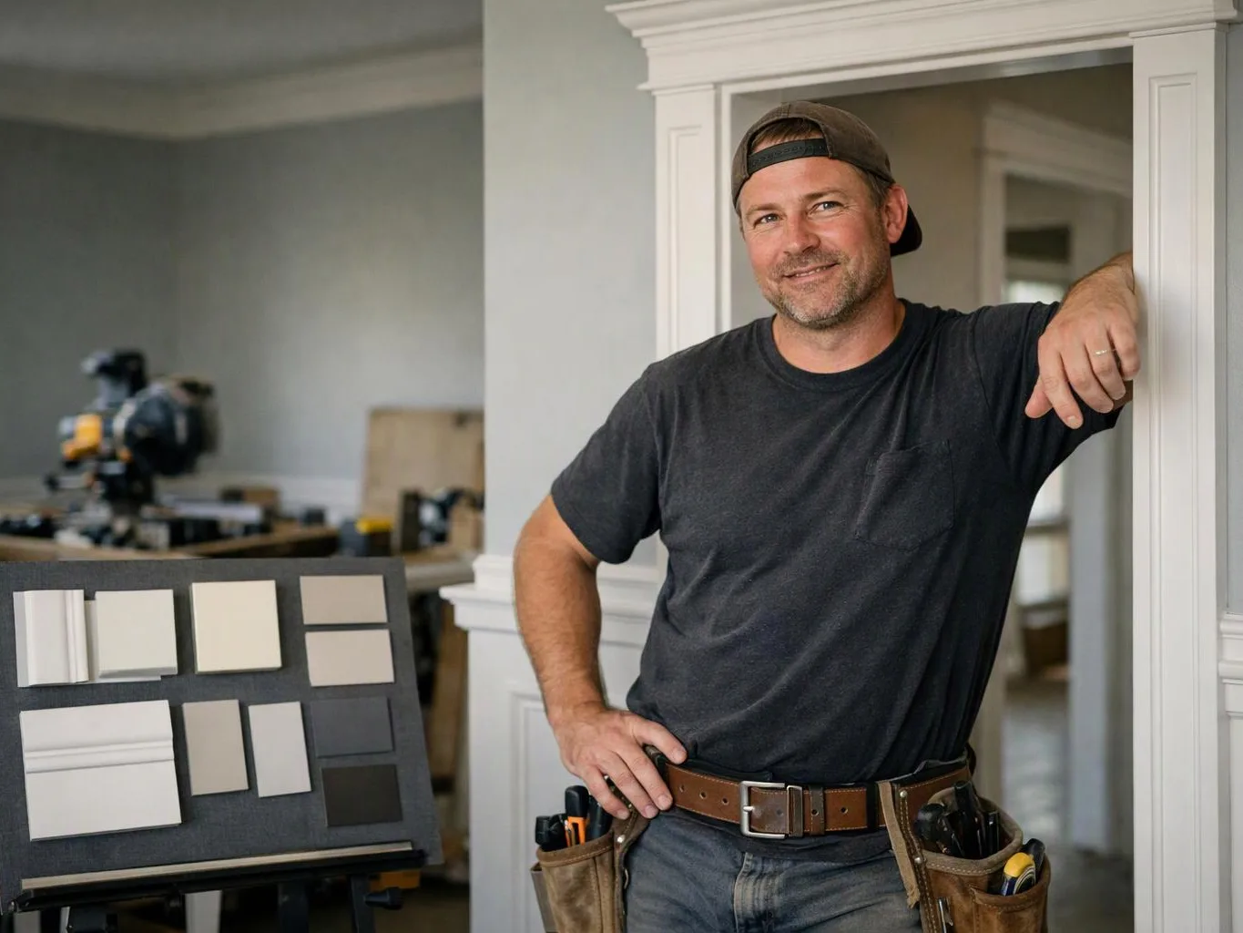 A smiling man in a backward cap leans in a doorway beside color sample boards and tools in a room under renovation
