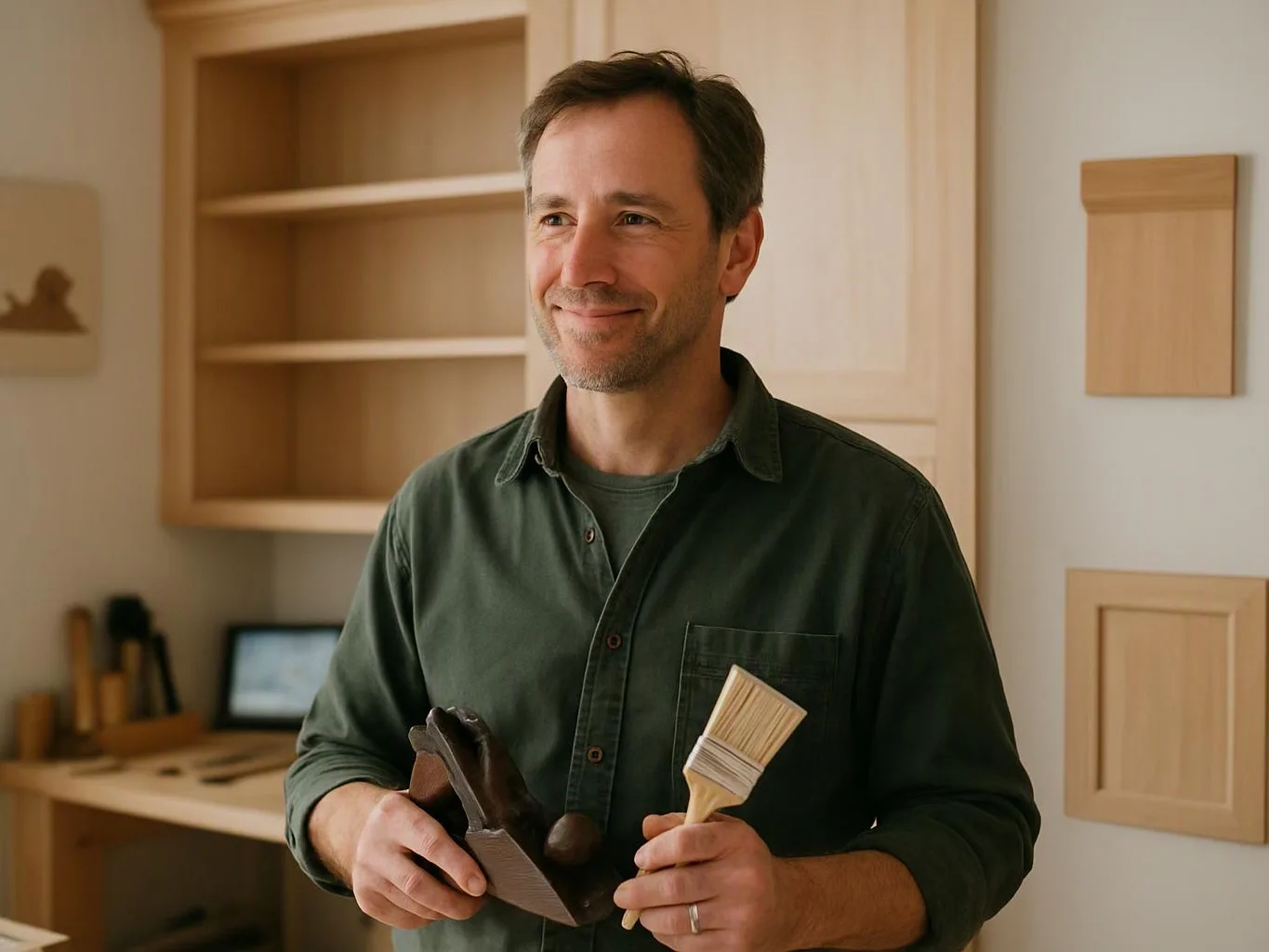 A smiling man holds a hand plane and paintbrush in a light wood workshop with cabinets and shelves