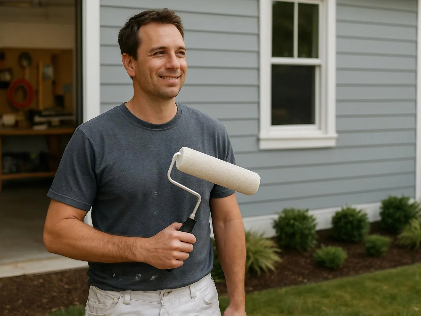 A smiling man holds a paint roller outside a gray house with a window and open garage