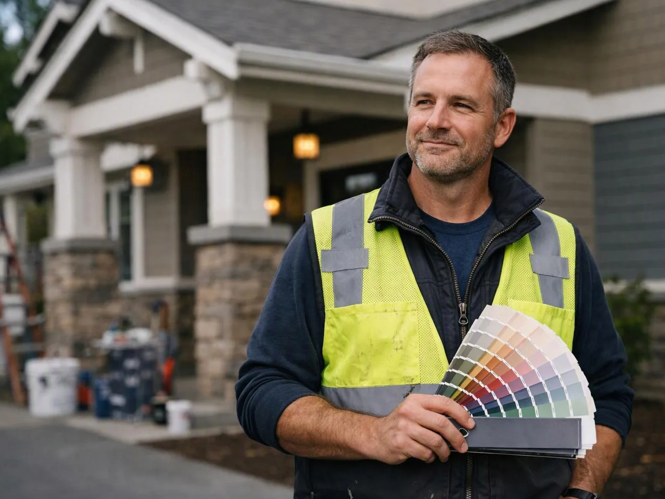 A smiling man in a safety vest holds a paint color fan outside a house under construction