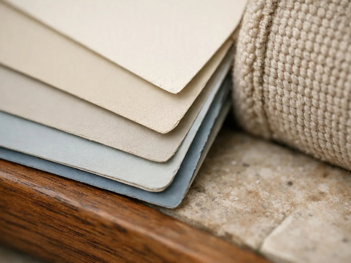 Stacked paint sample cards sit beside a woven beige fabric and wood trim