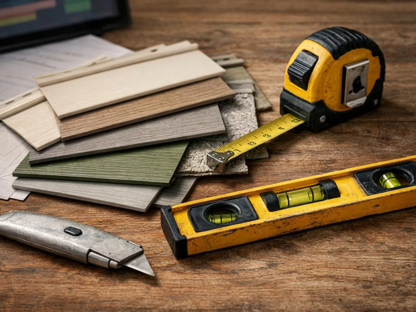 A tape measure, level, utility knife, and stacked sample boards rest on a wooden work surface