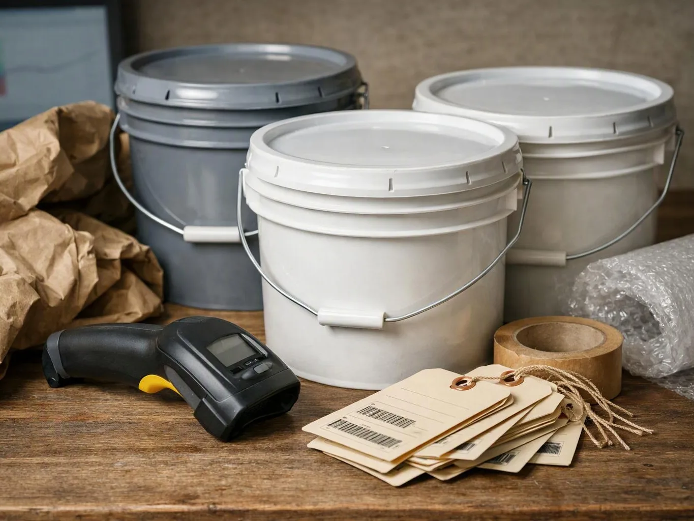 Three paint buckets sit with a barcode scanner, shipping tags, tape, and packing materials on a wooden table
