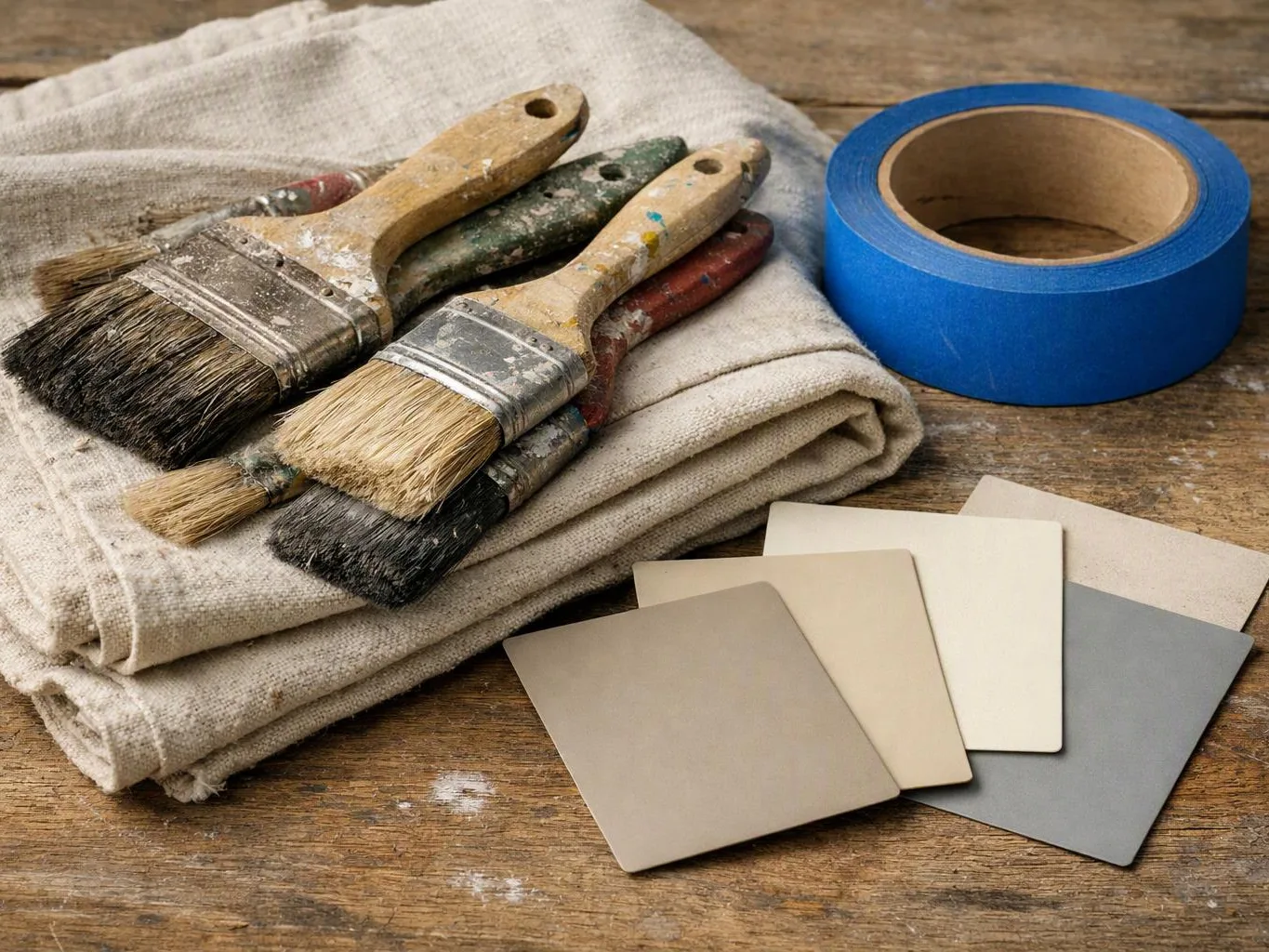 Three paintbrushes rest on folded cloth beside blue tape and color sample cards on a wooden table