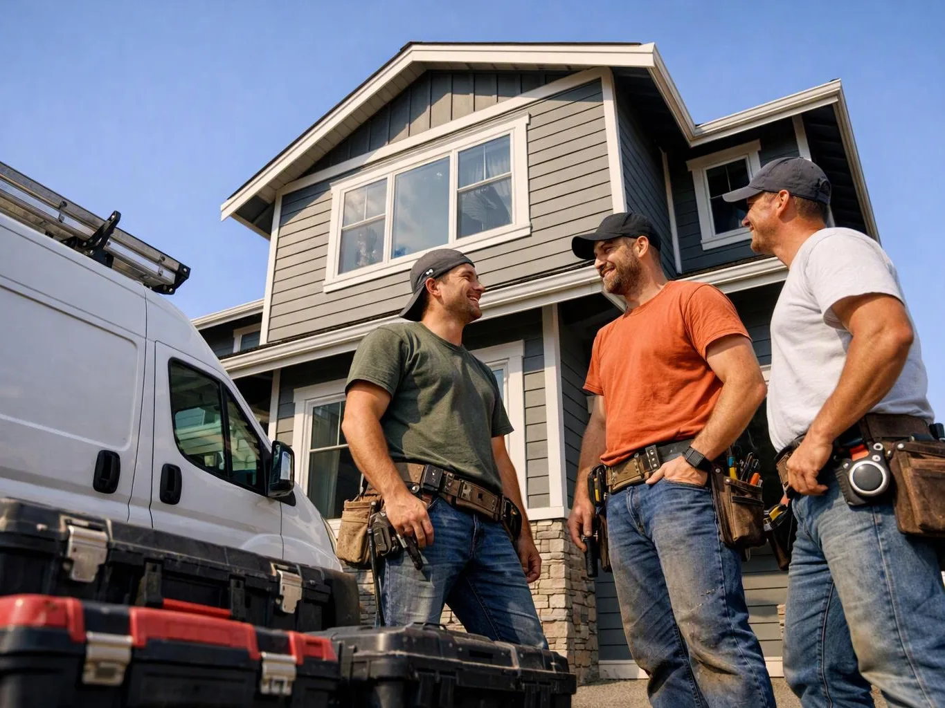 Three tradesmen stand talking beside a white work van in front of a gray house