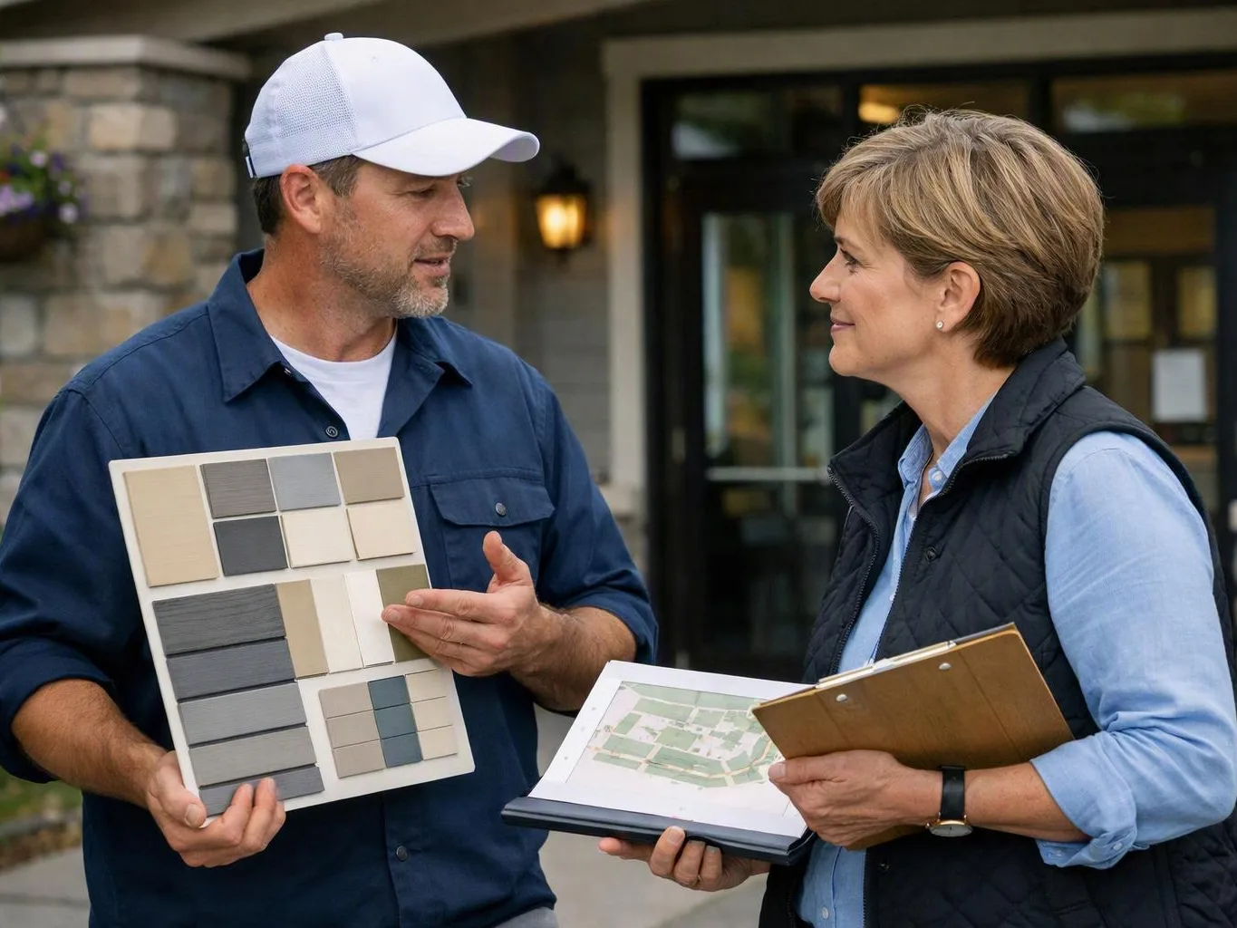 Two adults stand outside a house, discussing paint samples, a site plan, and a clipboard