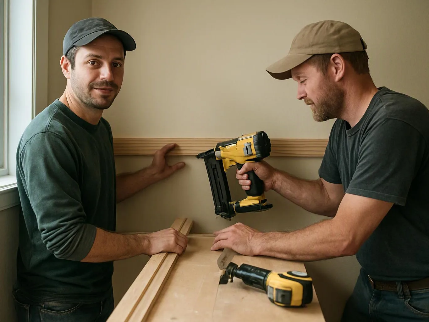 Two men in caps work on a wall, one holding a nail gun while the other steadies wood trim by a window