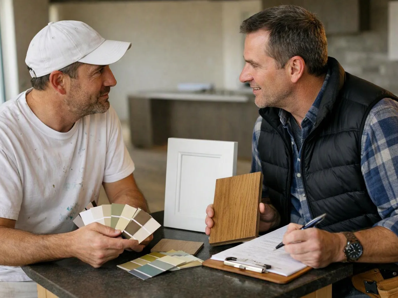 Two men discuss paint and wood samples at a countertop, with one taking notes in a bright room