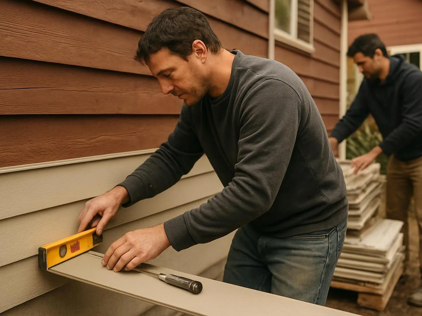 Two men install house siding outside, one checks a level while the other handles stacked panels