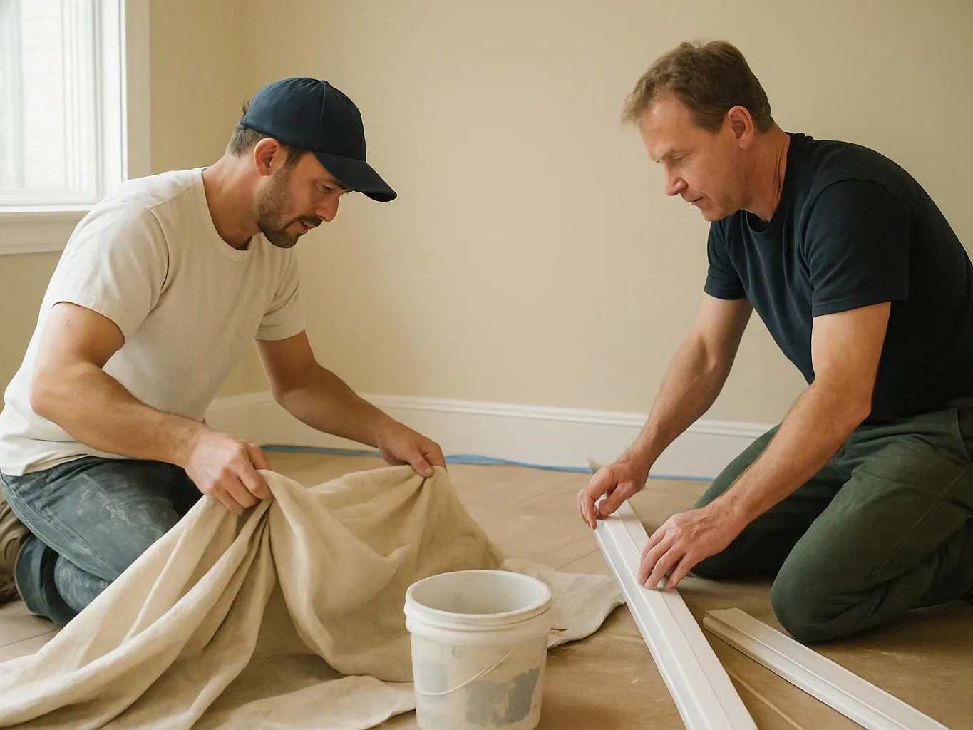 Two men kneel on a covered floor, smoothing a drop cloth beside paint supplies in a bare room