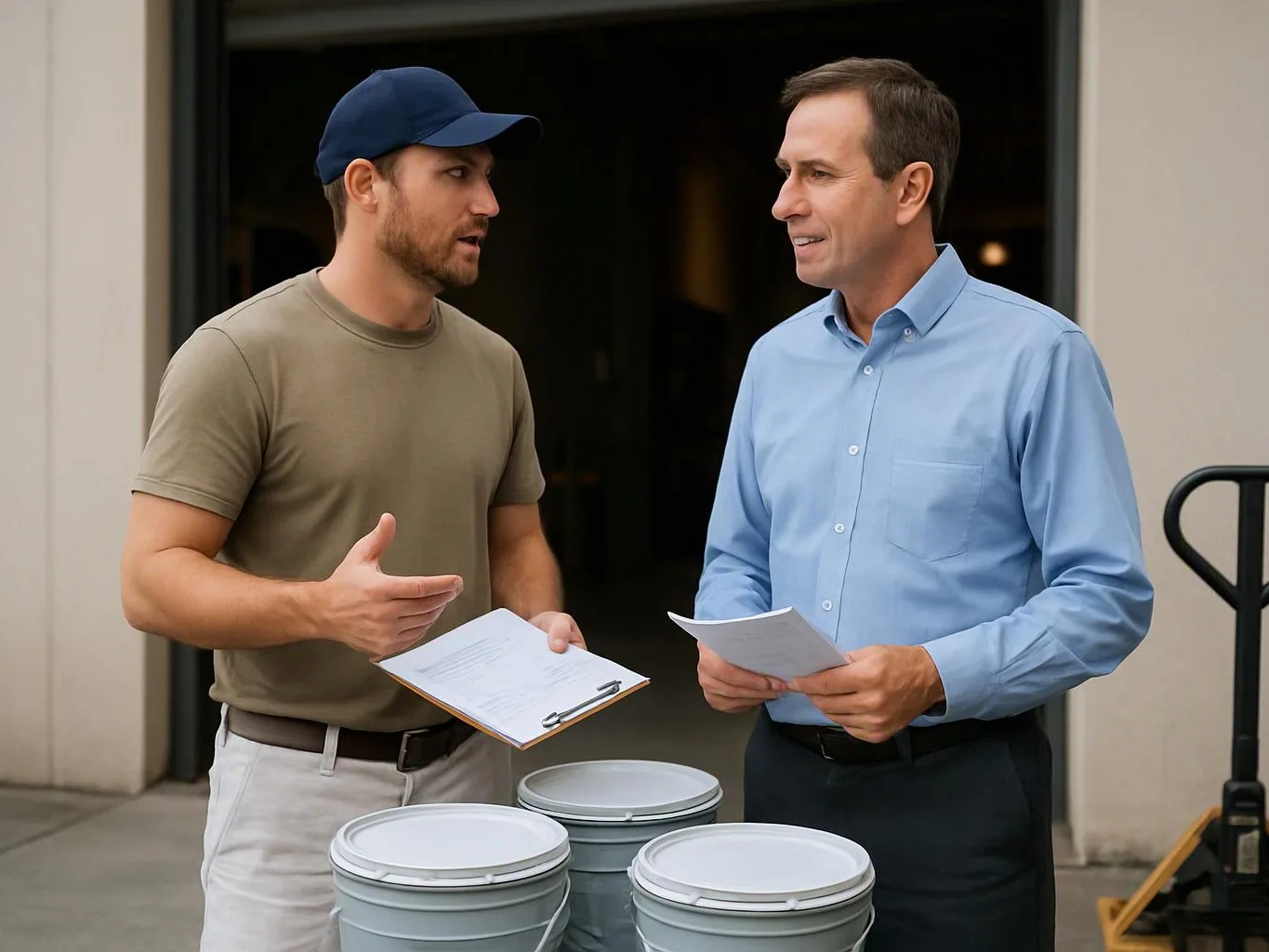 Two men stand outside a building, talking and holding papers beside stacked gray buckets