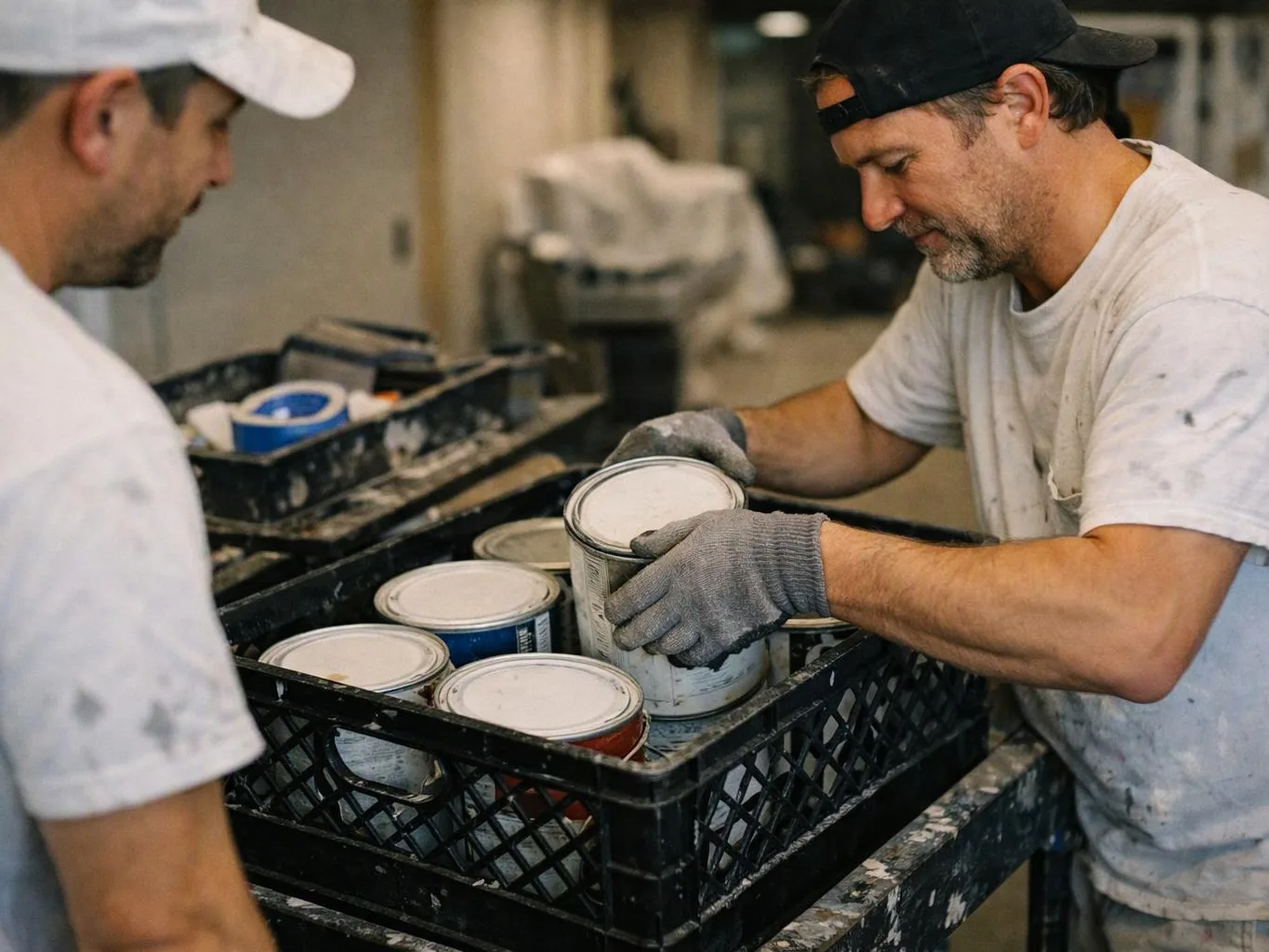 Two painters in white shirts handle paint cans in a workshop, one lifting a can from a black crate