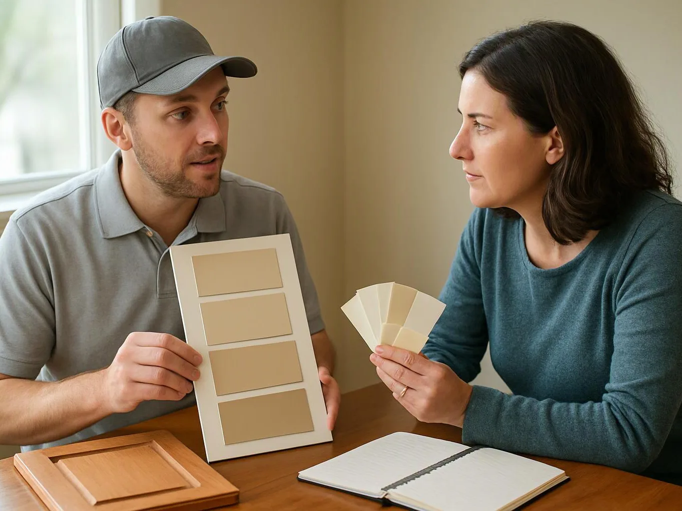 Two people compare paint samples at a table, with a notebook and wood samples in a bright room