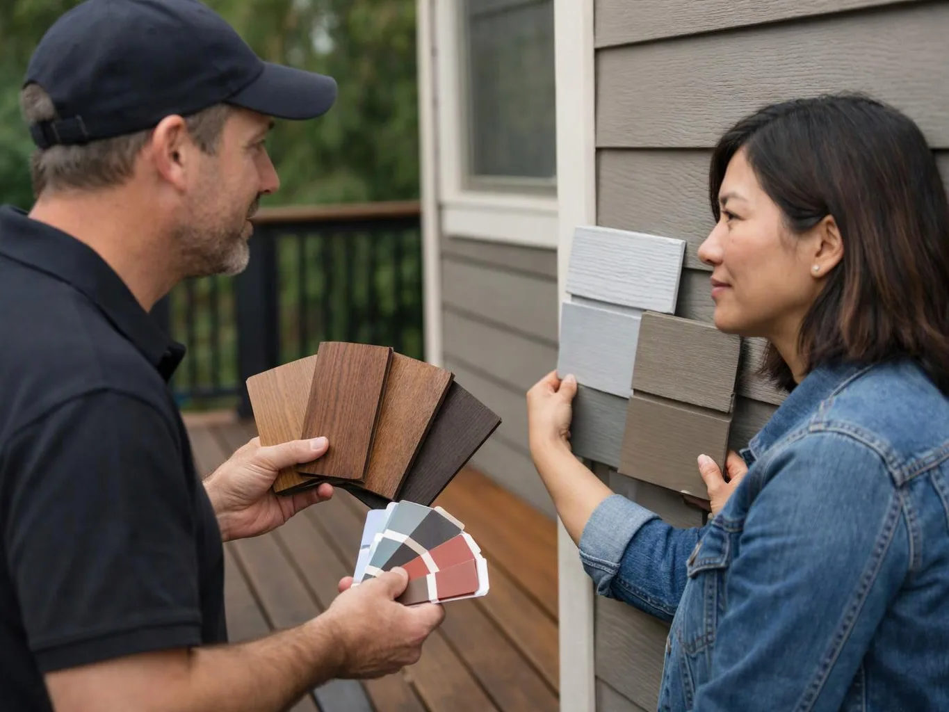 Two people compare paint and siding samples beside a house exterior