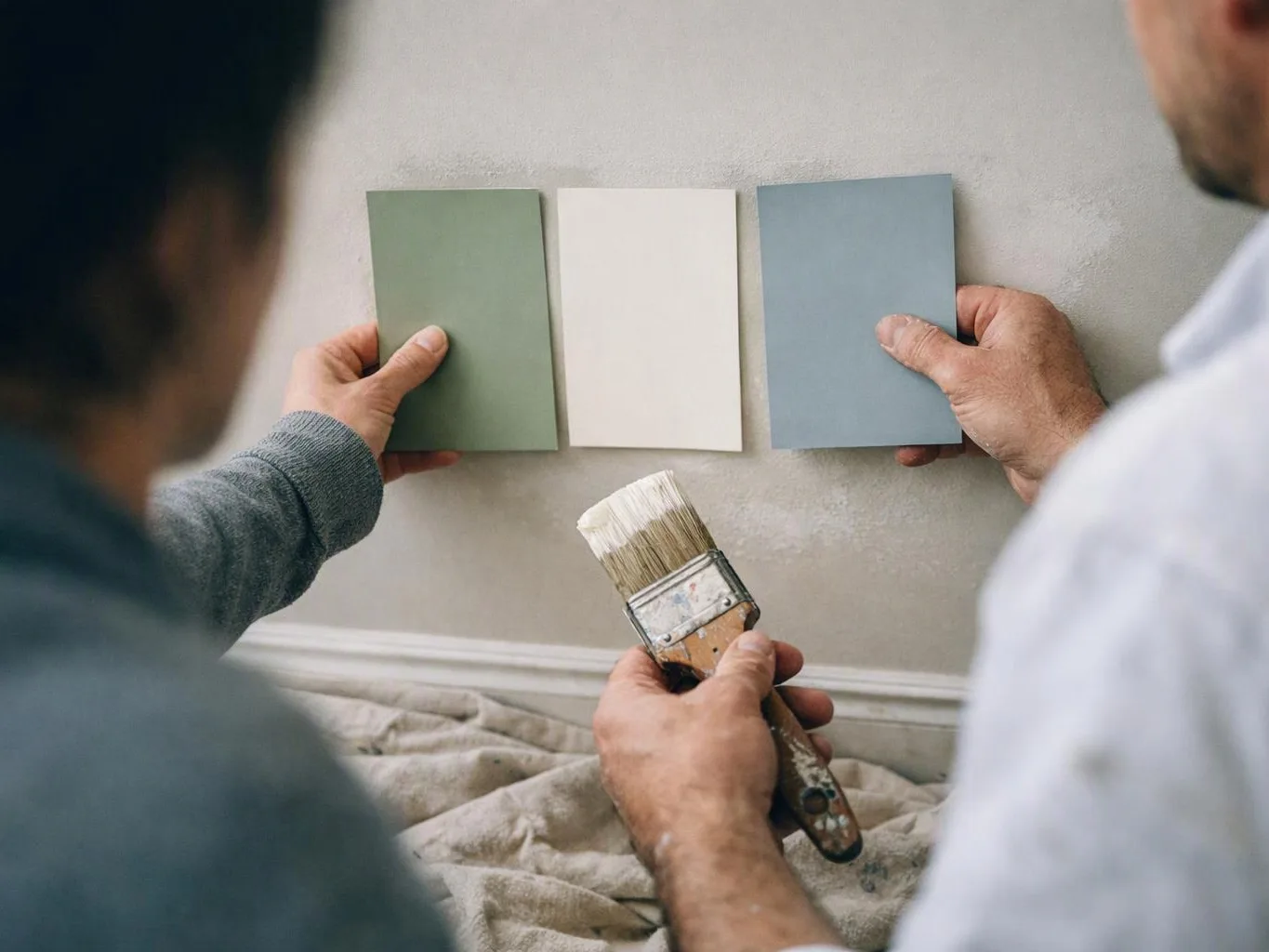 Two people hold paint swatches on a wall while one grips a paintbrush in a room under renovation