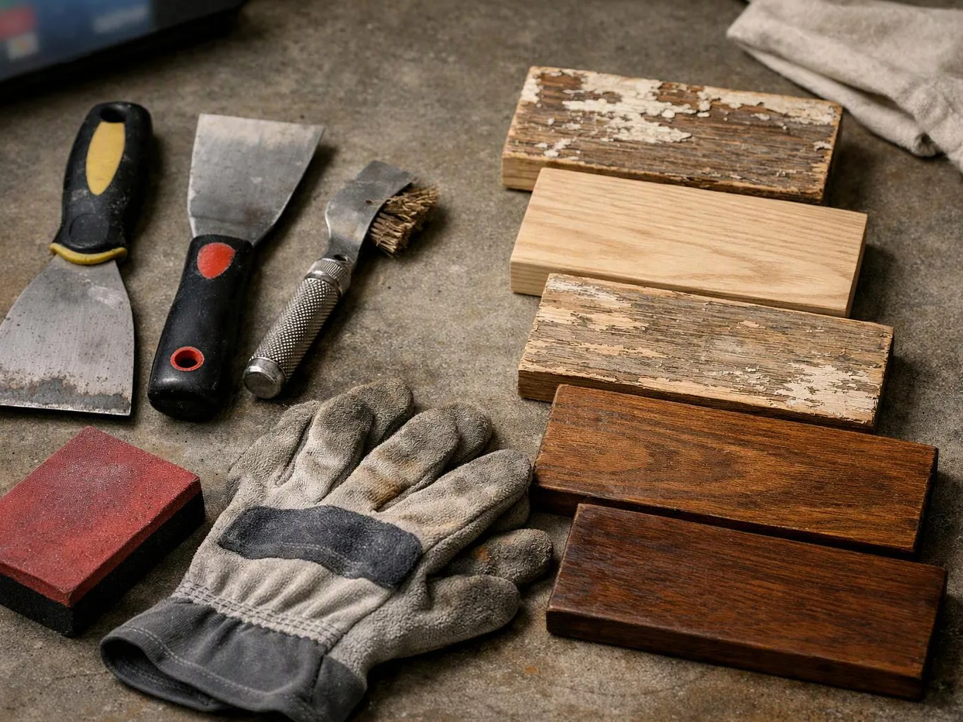 Two putty knives, a wire brush, gloves, sandpaper, and wood samples sit on a workbench
