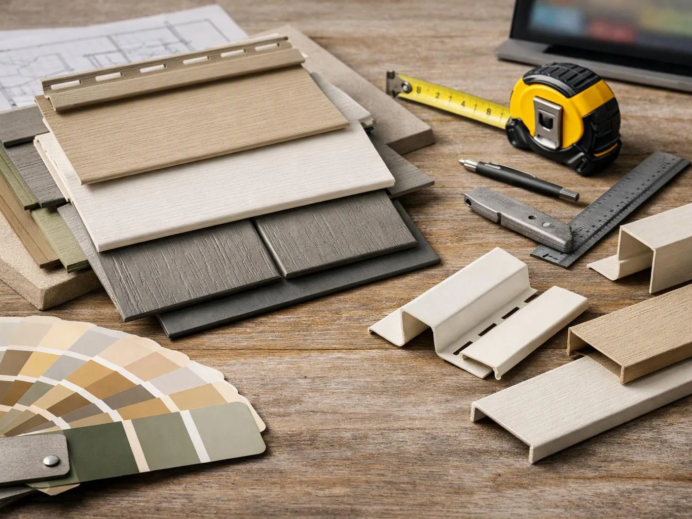 Vinyl siding samples, a tape measure, ruler, utility knife, and color swatches lie on a wooden worktable