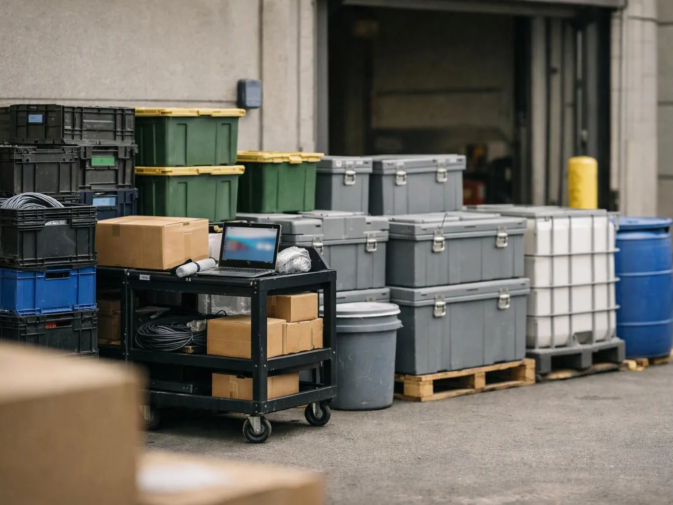 A wheeled cart holds a laptop, boxes, and cables beside stacked storage bins and barrels outside a warehouse door