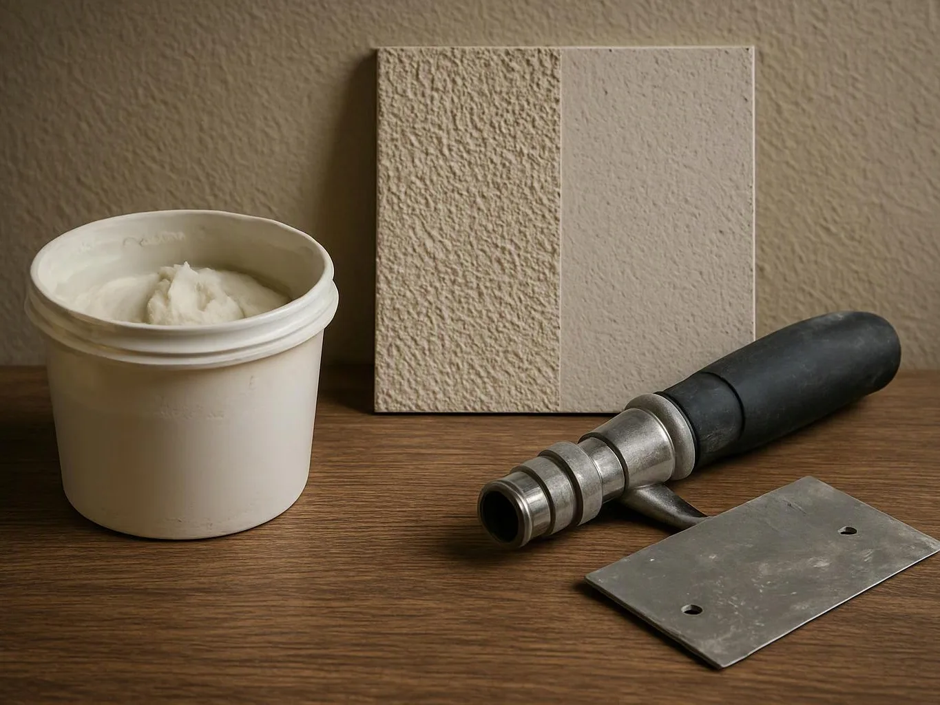 A white bucket of paste, textured sample boards, and a metal hand tool rest on a wooden table