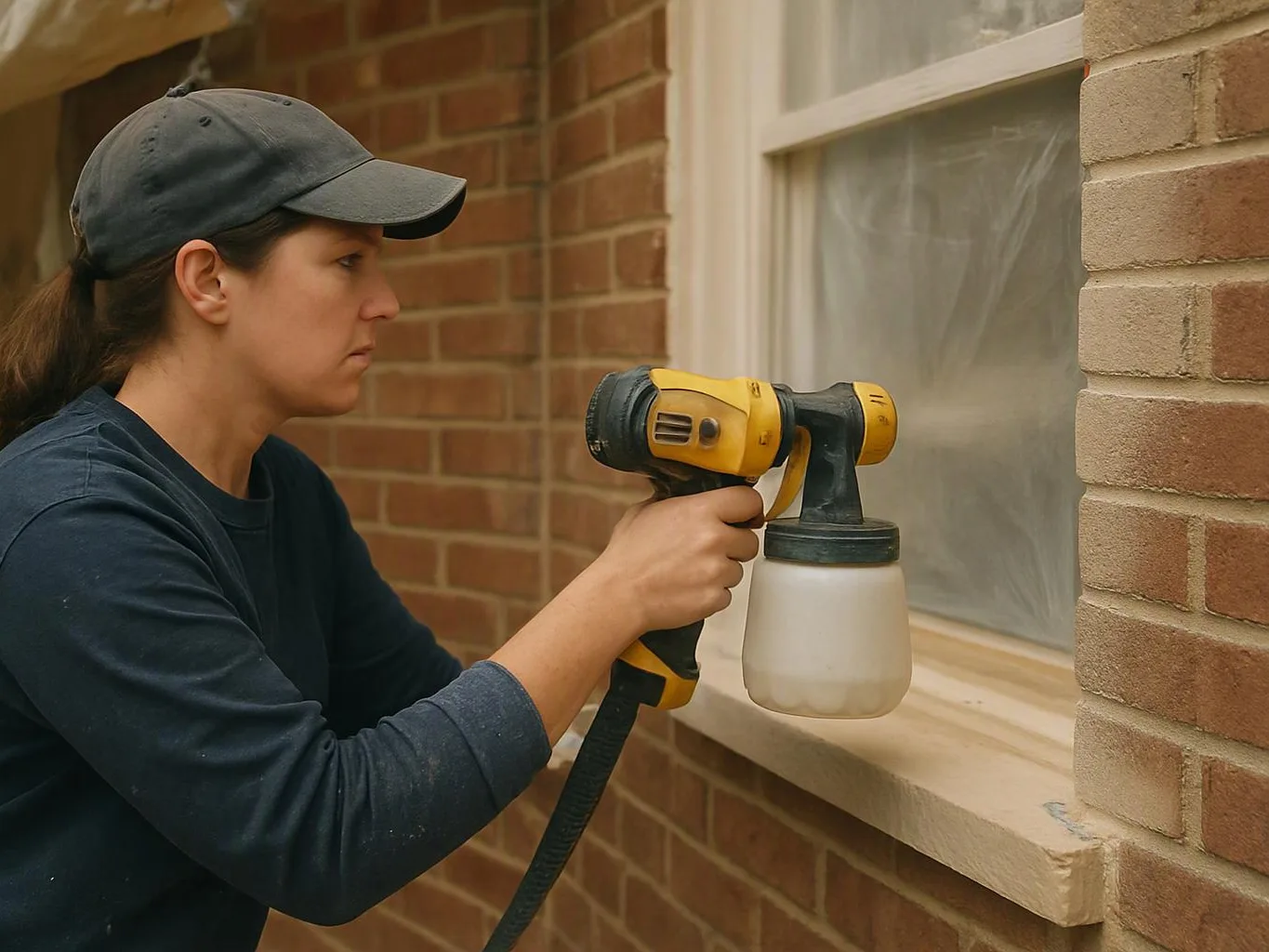 A woman in a cap sprays paint onto a window beside a brick wall