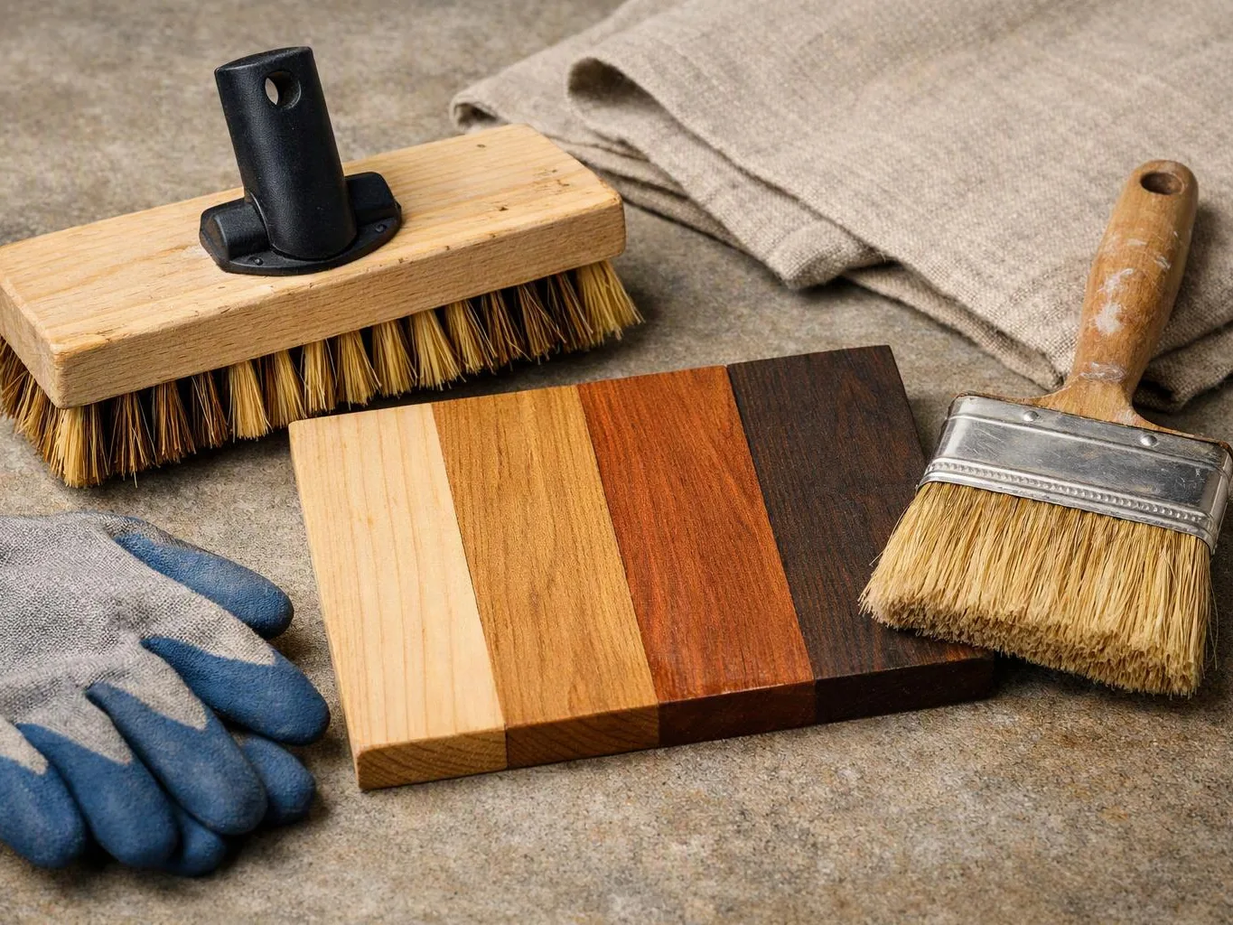 Wood samples, two brushes, and work gloves rest on a rough tabletop