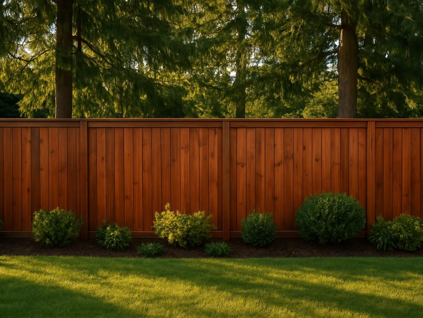 A wooden fence lines a sunny yard with shrubs, grass, and tall trees behind it